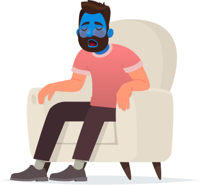 Animated man in chair with blue face